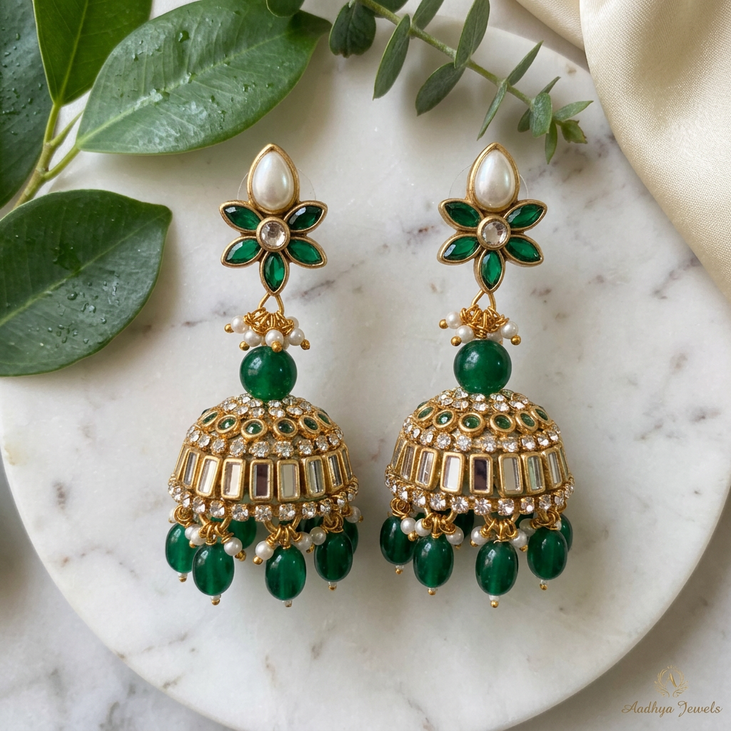 Green Kundan Jhumkas