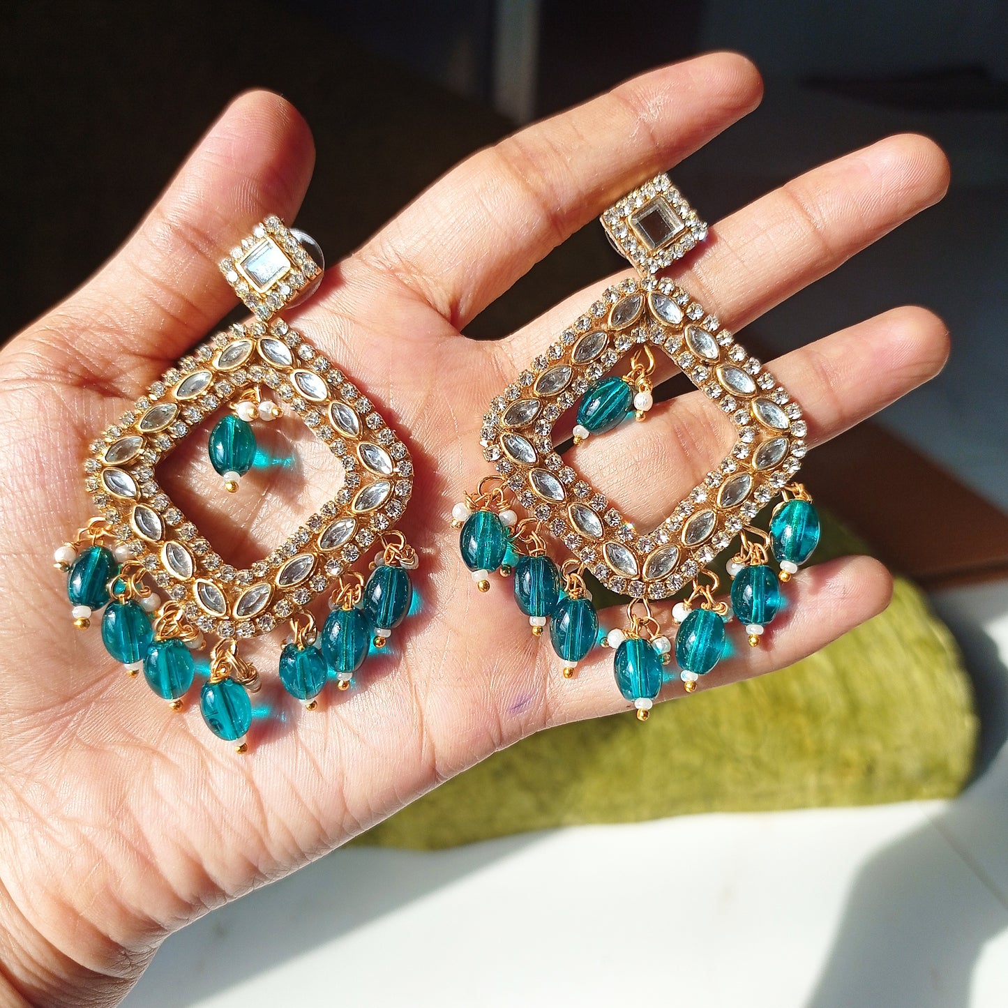 Peacock Blue Kundan Chandbalis