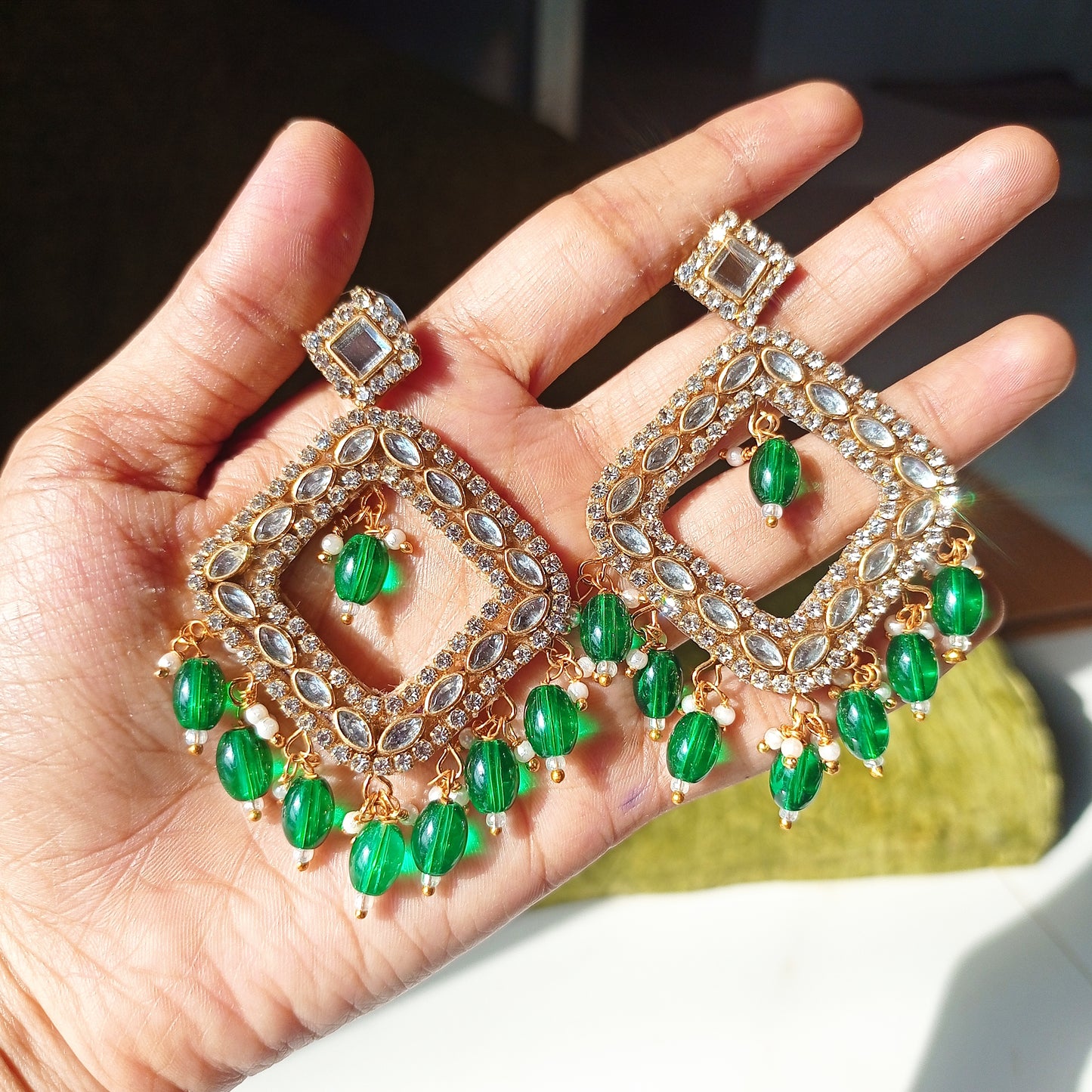 Green Kundan Chandbalis