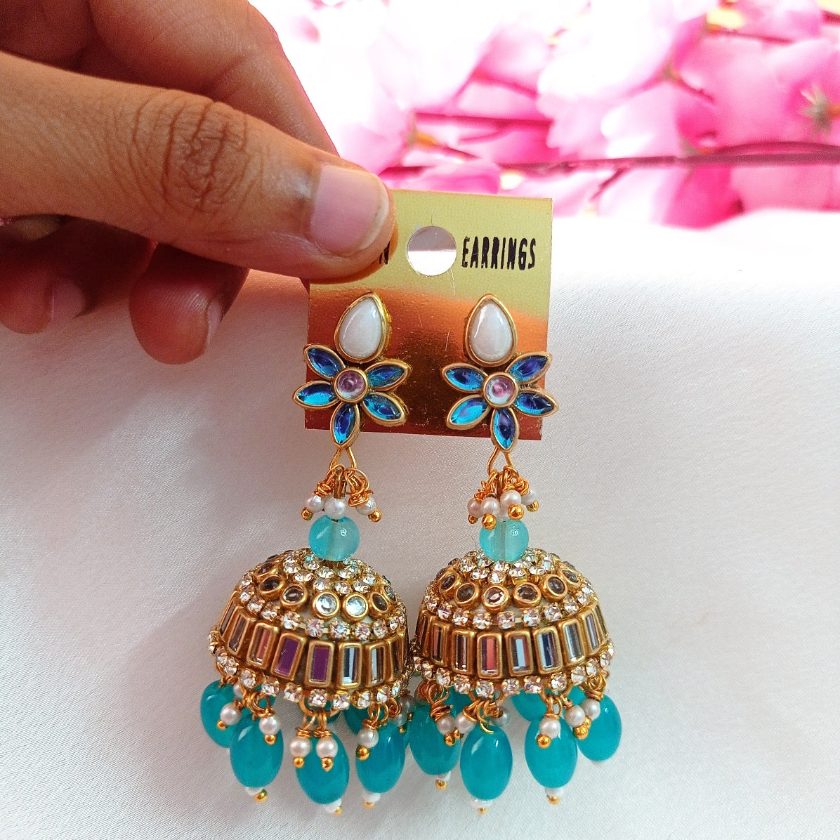 Turquoise Blue Kundan Jhumkas