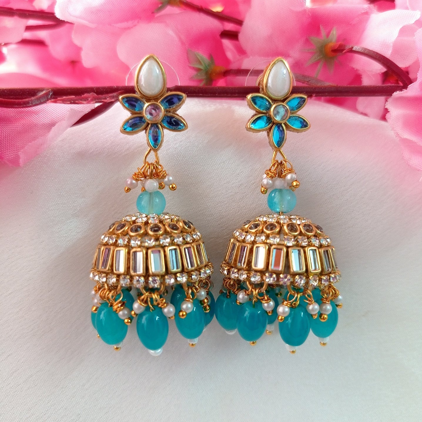 Turquoise Blue Kundan Jhumkas