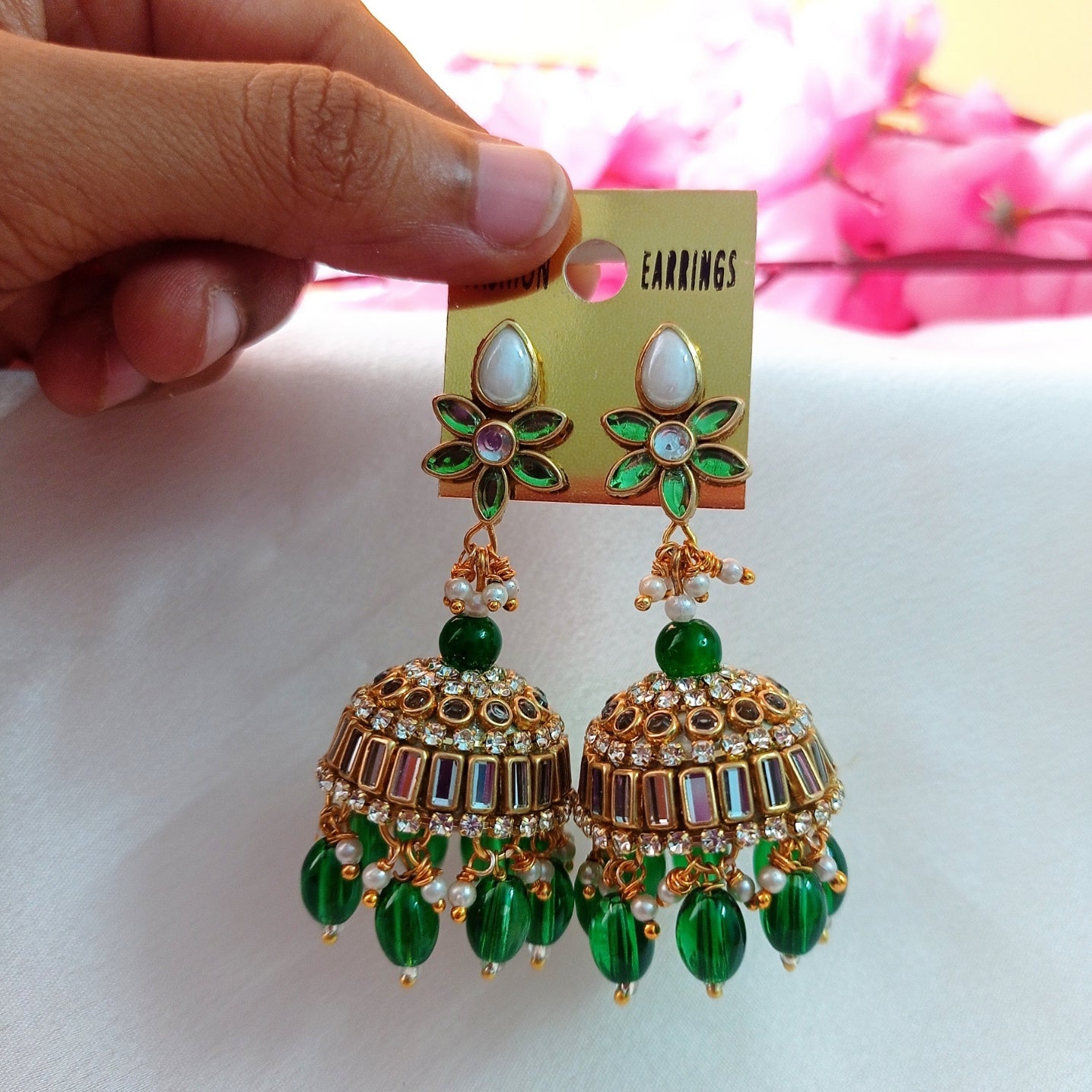 Green Kundan Jhumkas