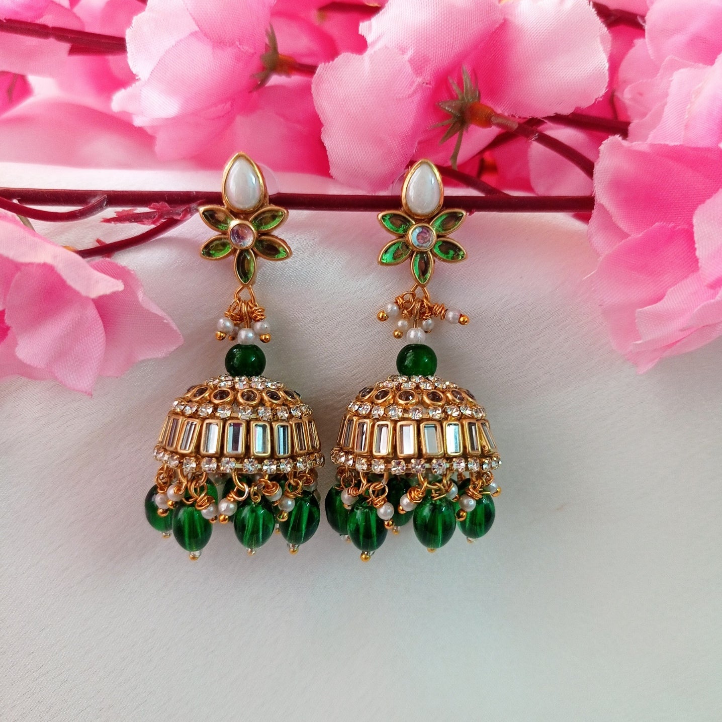 Green Kundan Jhumkas
