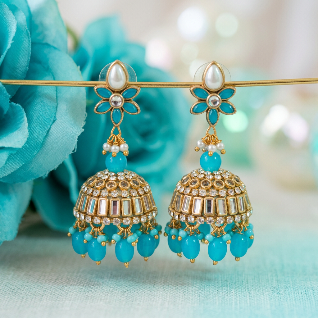 Turquoise Blue Kundan Jhumkas