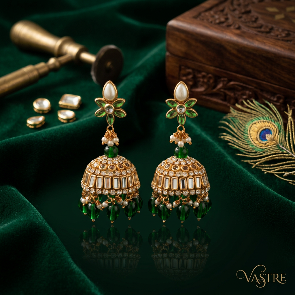 Green Kundan Jhumkas