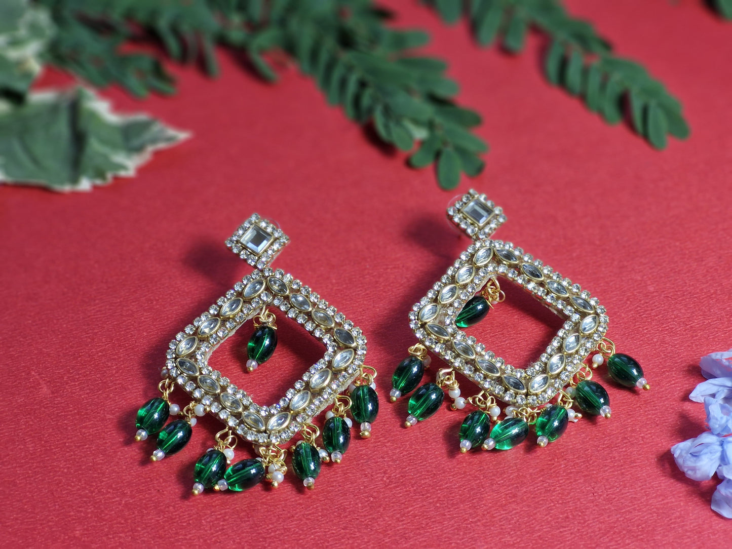 Green Kundan Chandbalis