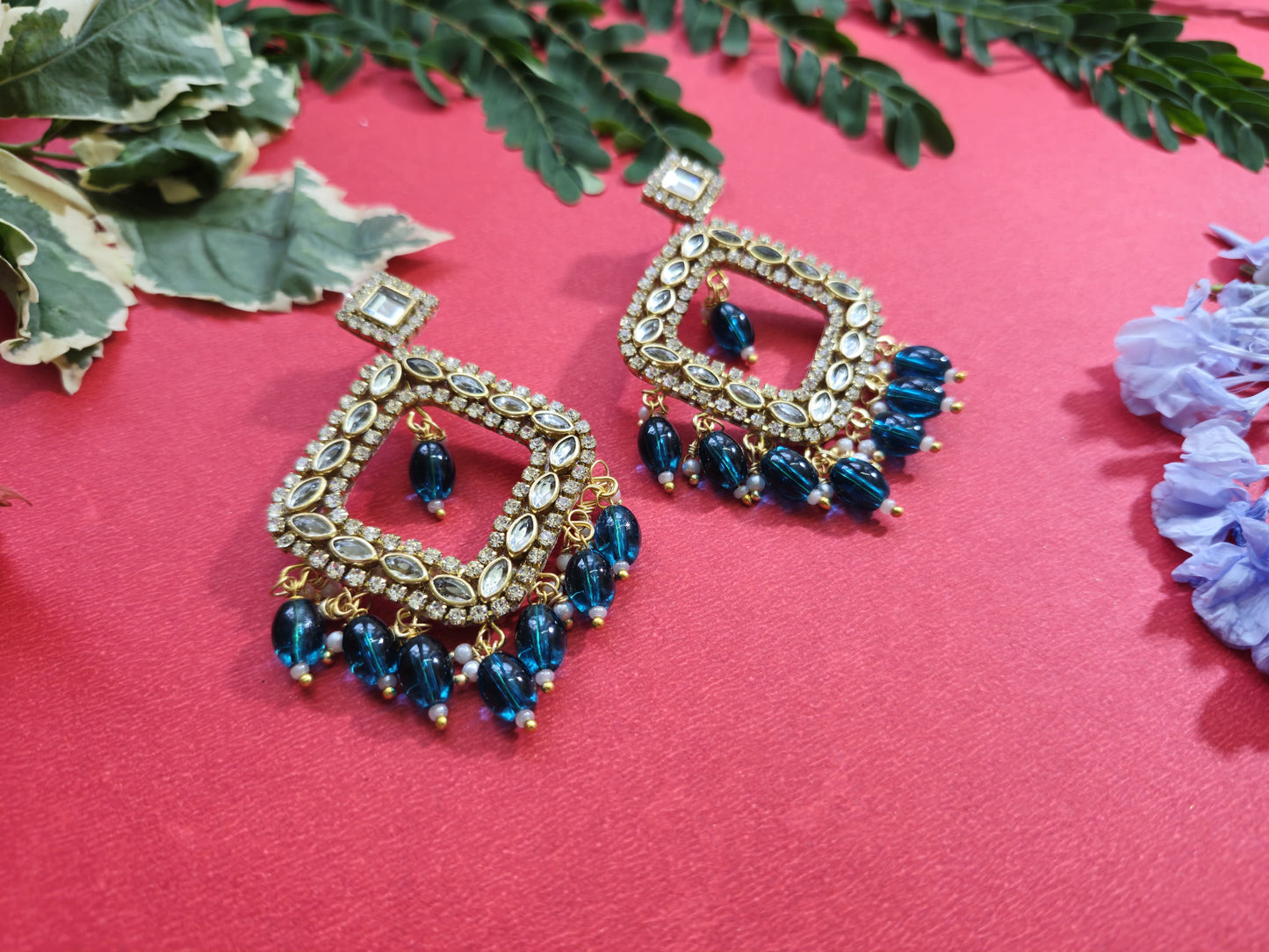 Peacock Blue Kundan Chandbalis