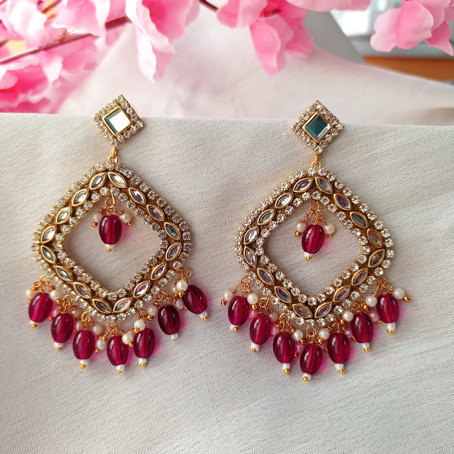 Magenta Pink Kundan Chandbalis