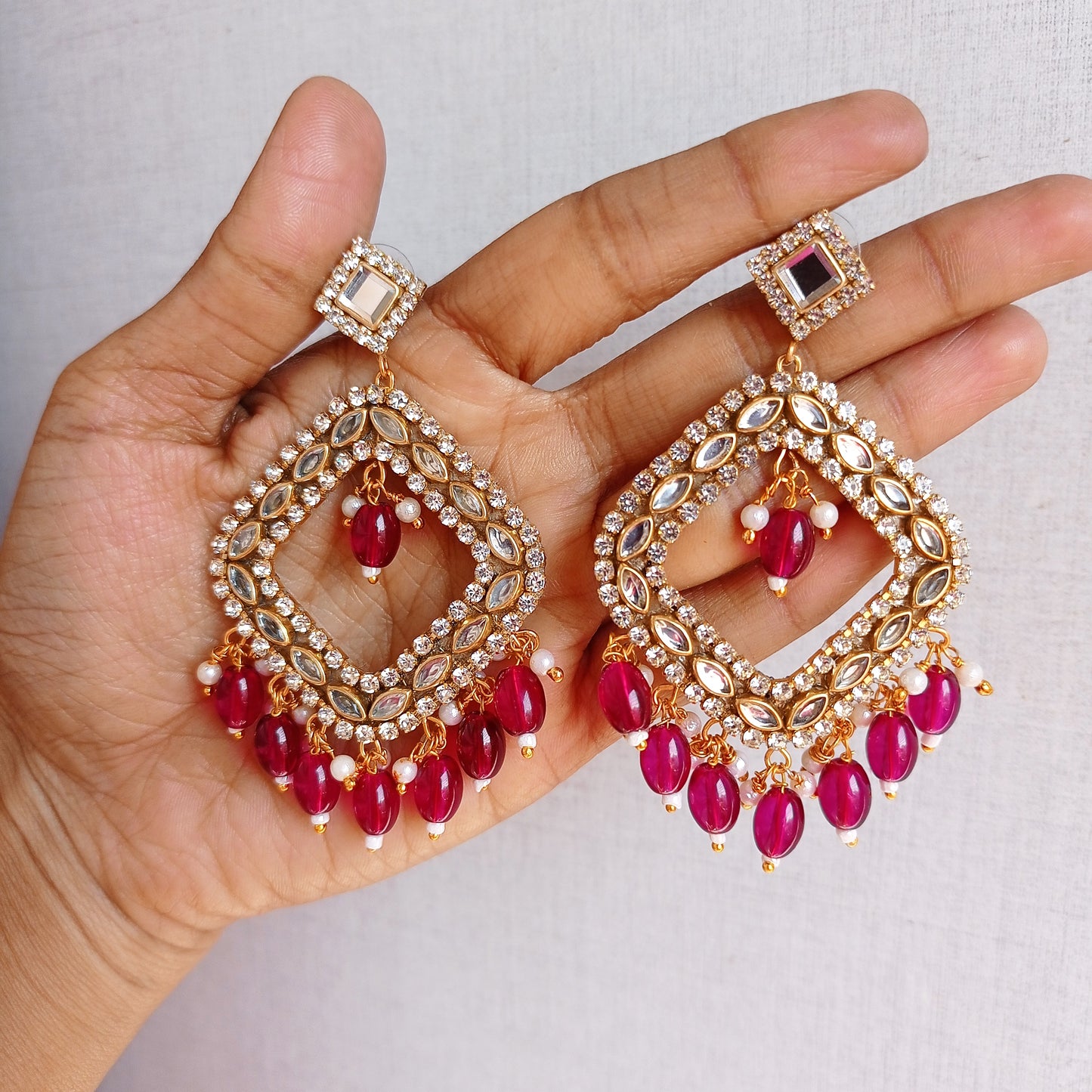Magenta Pink Kundan Chandbalis