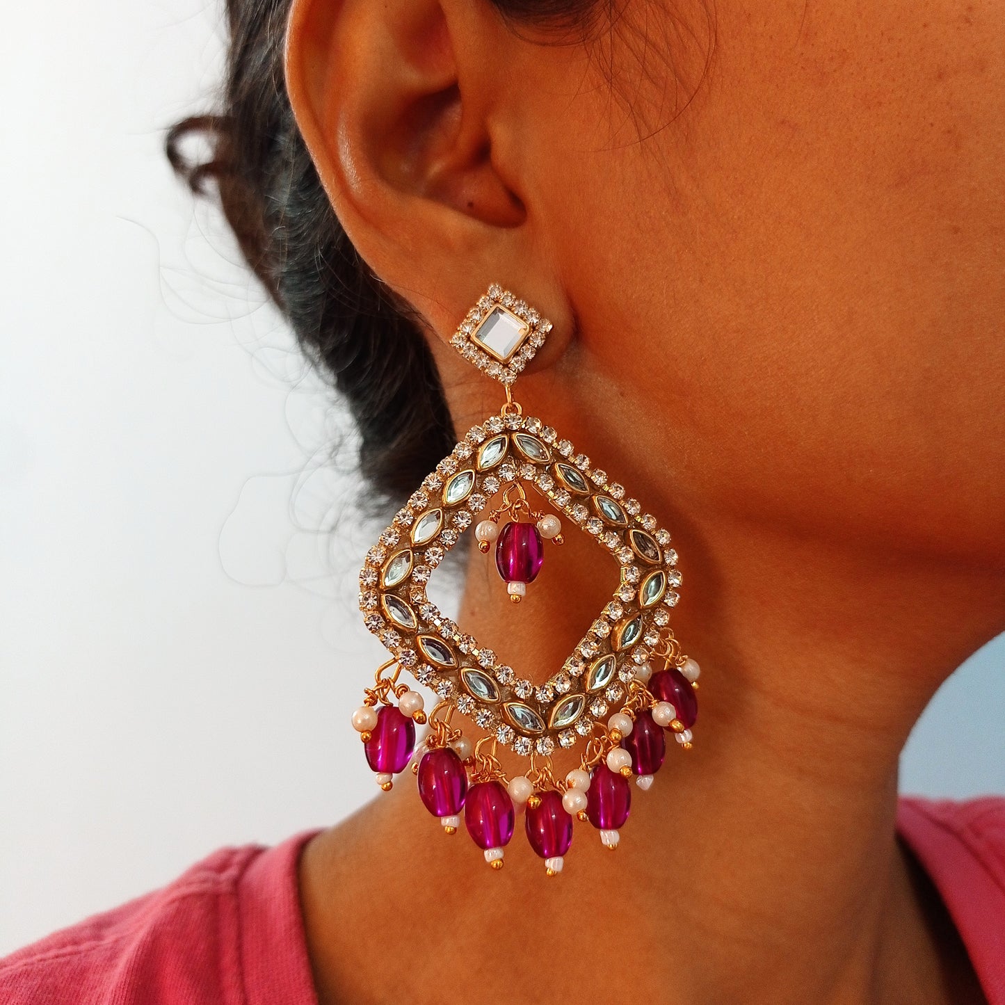 Magenta Pink Kundan Chandbalis