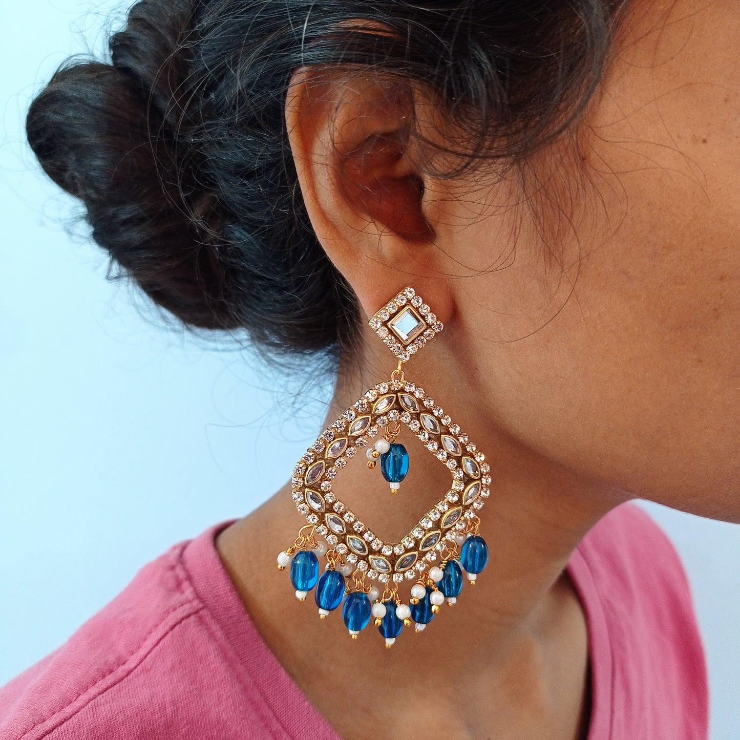 Peacock Blue Kundan Chandbalis