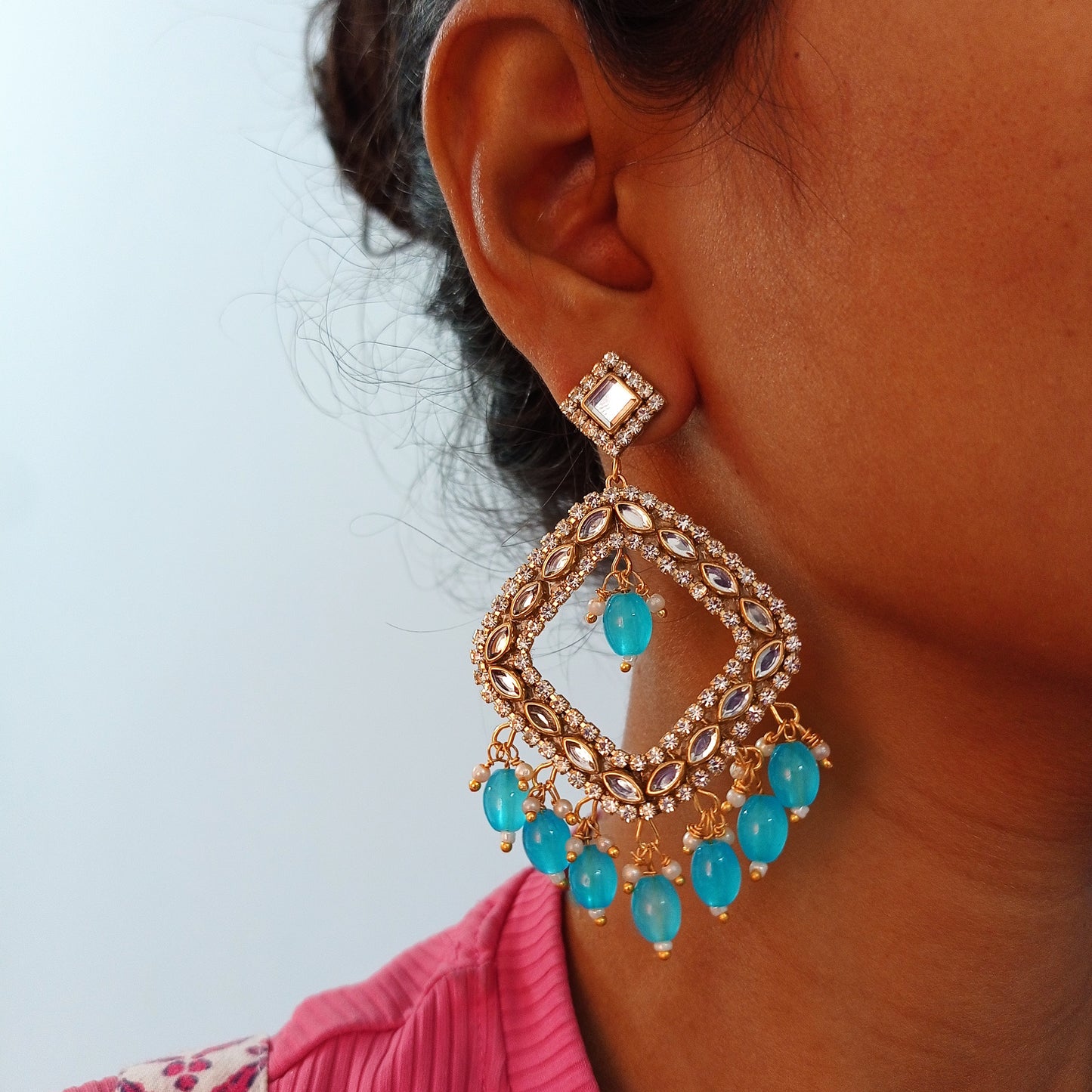 Sky Blue Kundan Chandbalis