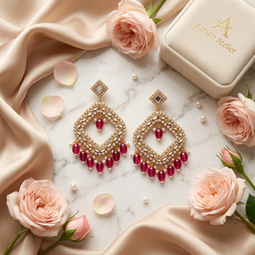 Magenta Pink Kundan Chandbalis