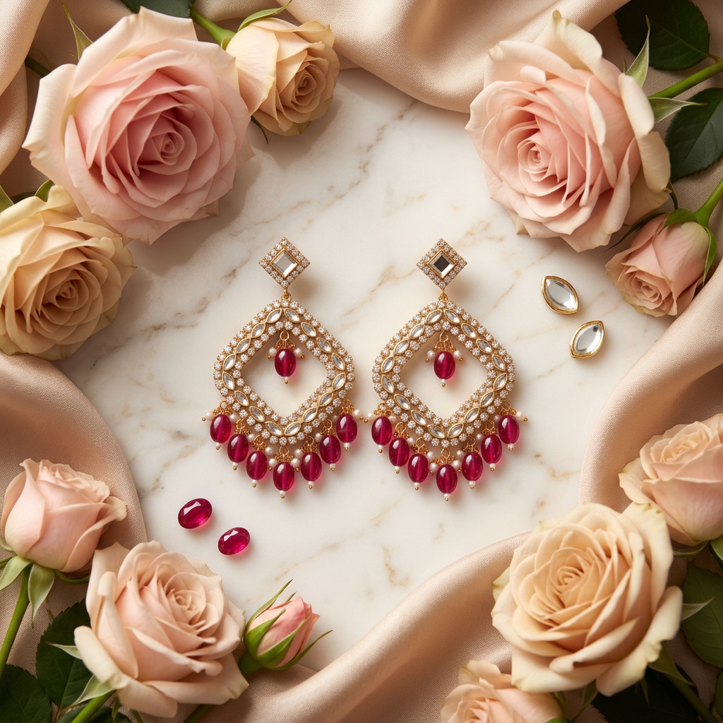Magenta Pink Kundan Chandbalis