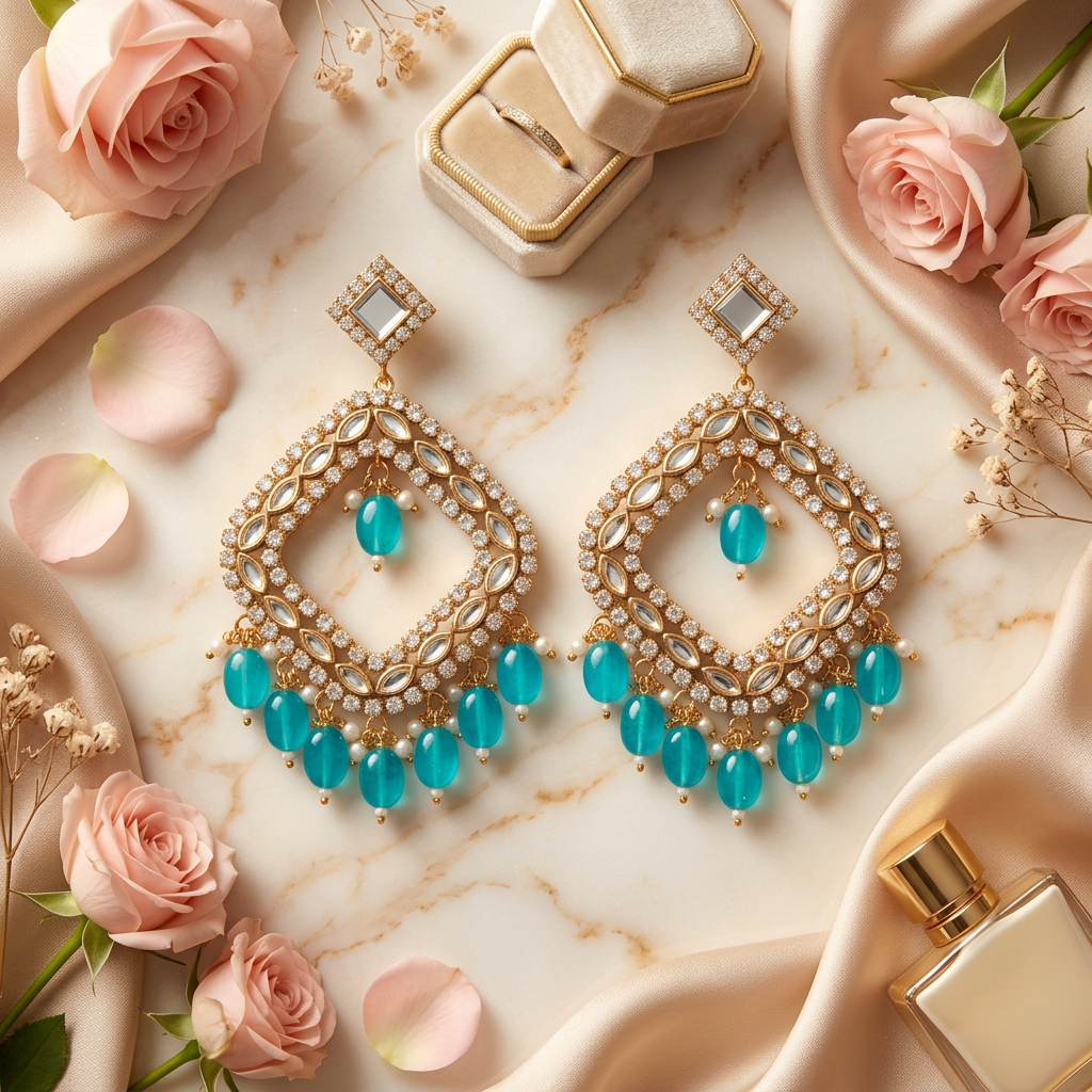 Sky Blue Kundan Chandbalis