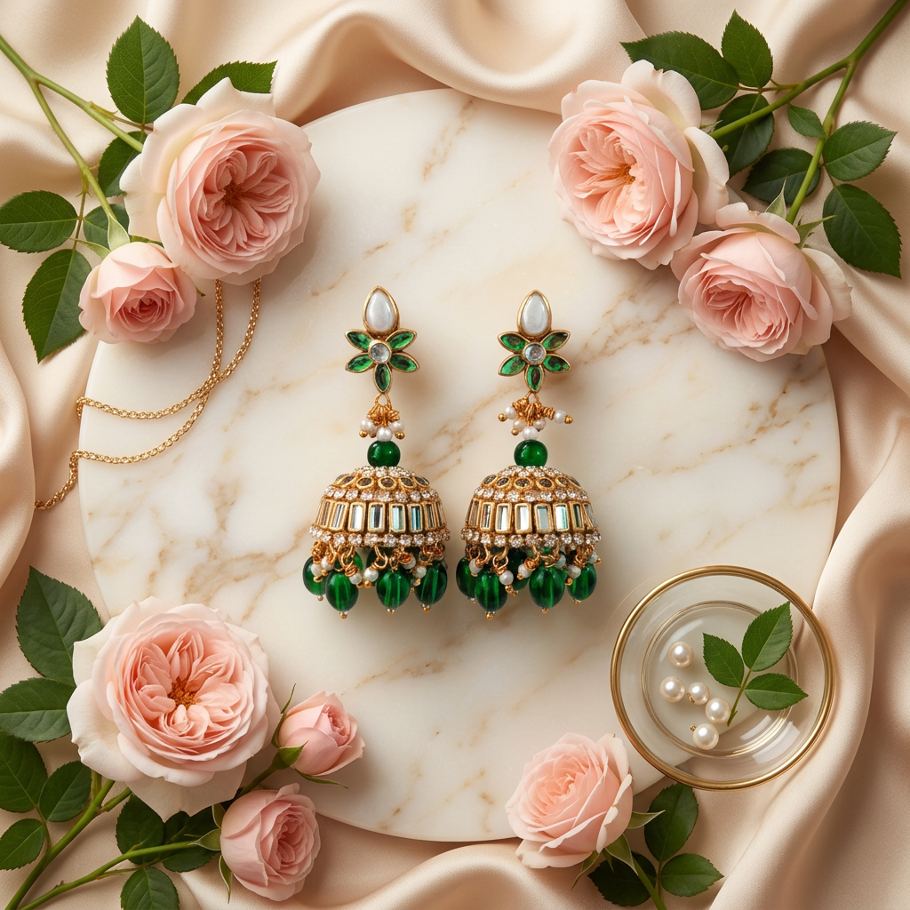 Green Kundan Jhumkas