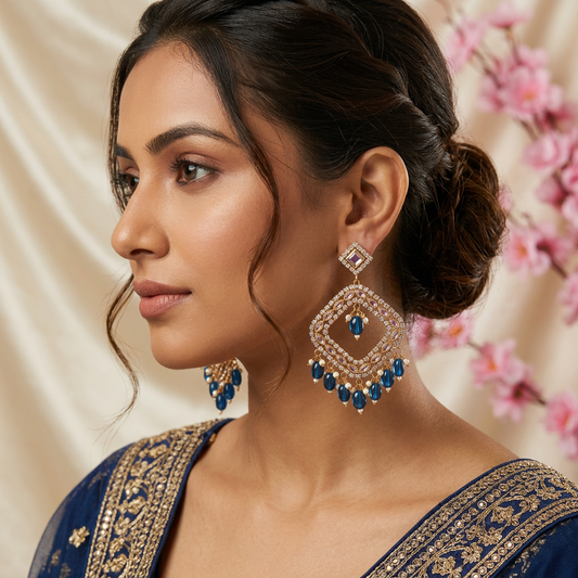 Peacock Blue Kundan Chandbalis