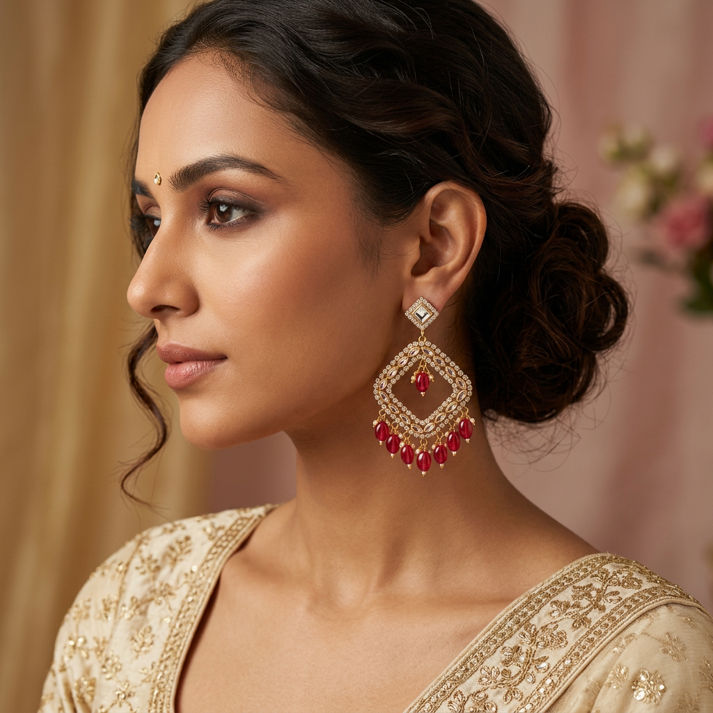 Magenta Pink Kundan Chandbalis