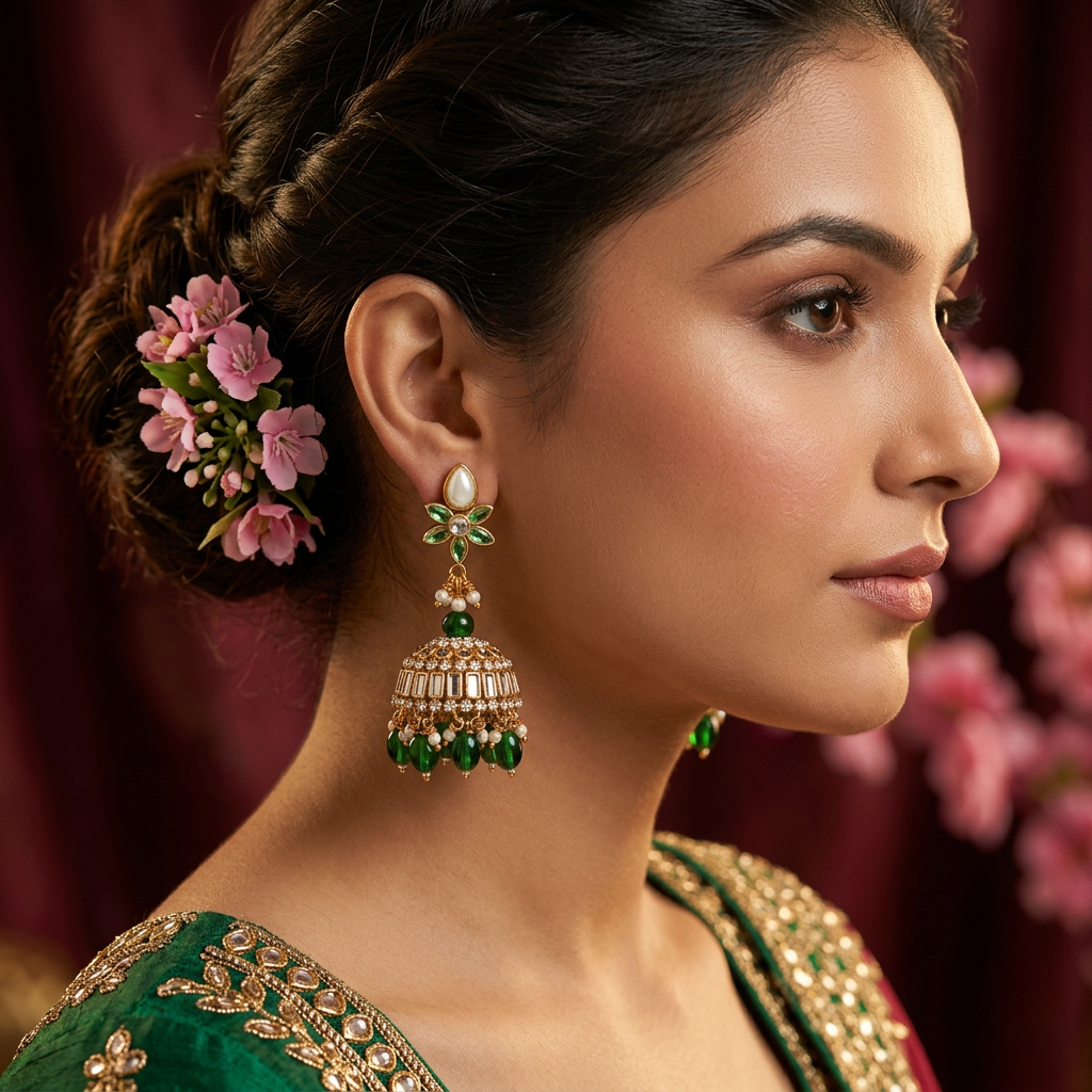 Green Kundan Jhumkas