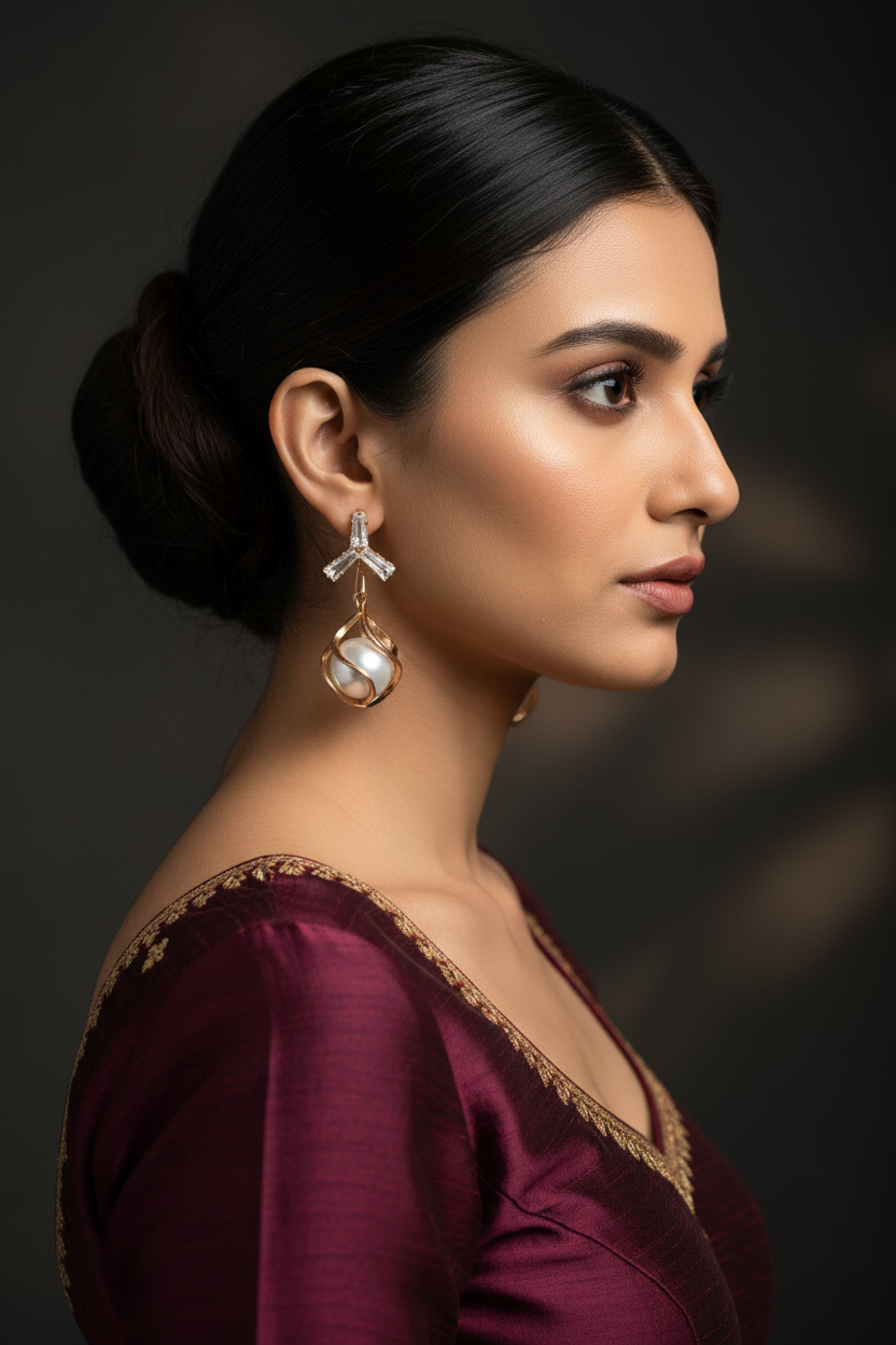 Baguette CZ Fan Pearl Cage Drop Earrings - Model Wearing