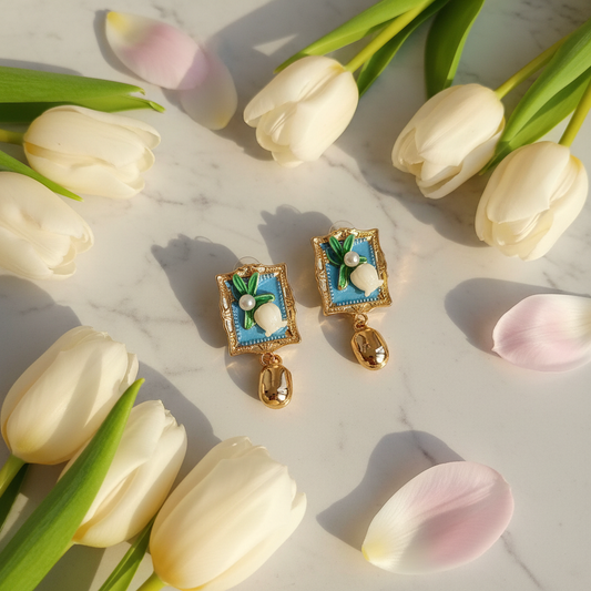 Blue Tulip Earrings - Lifestyle Flat Lay