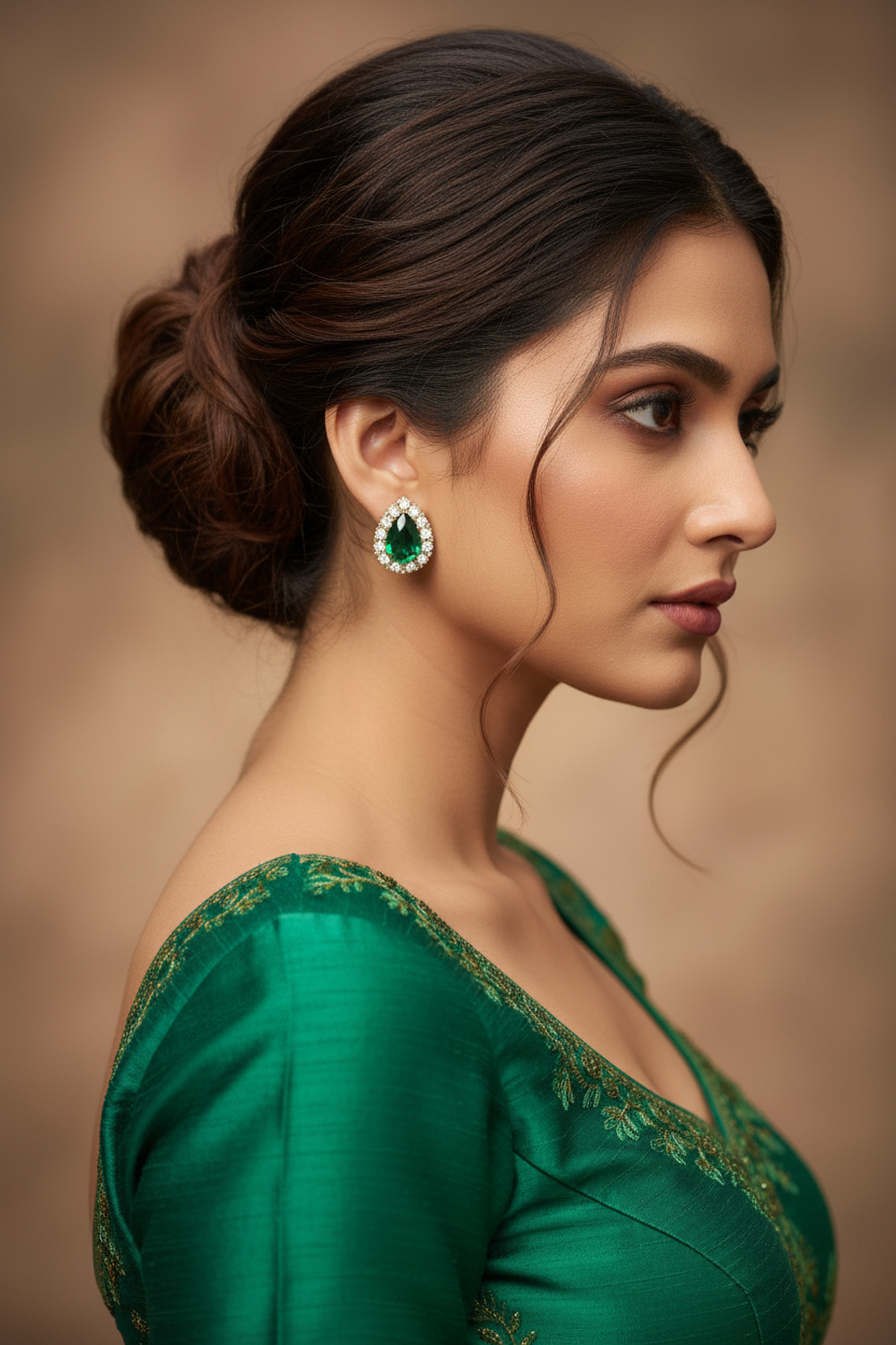 Emerald Green Teardrop Halo Studs - Model Wearing