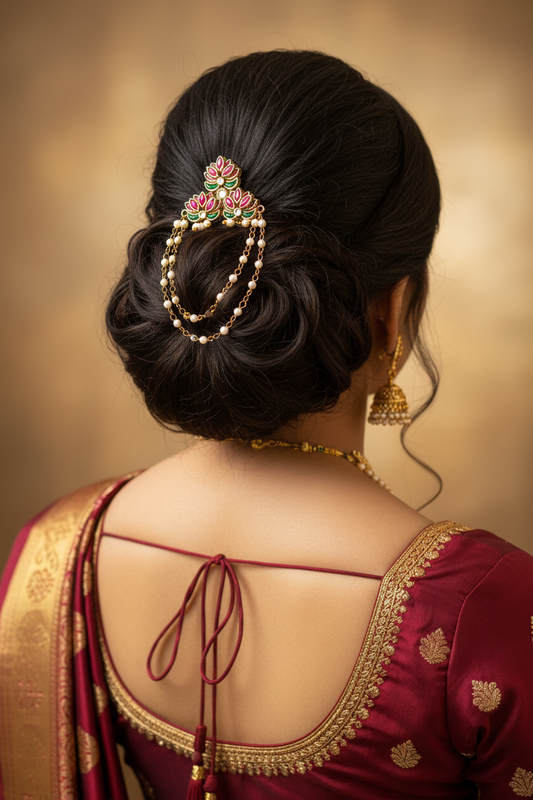 Kundan Lotus Pearl Chain Hair Clip - Model Wearing
