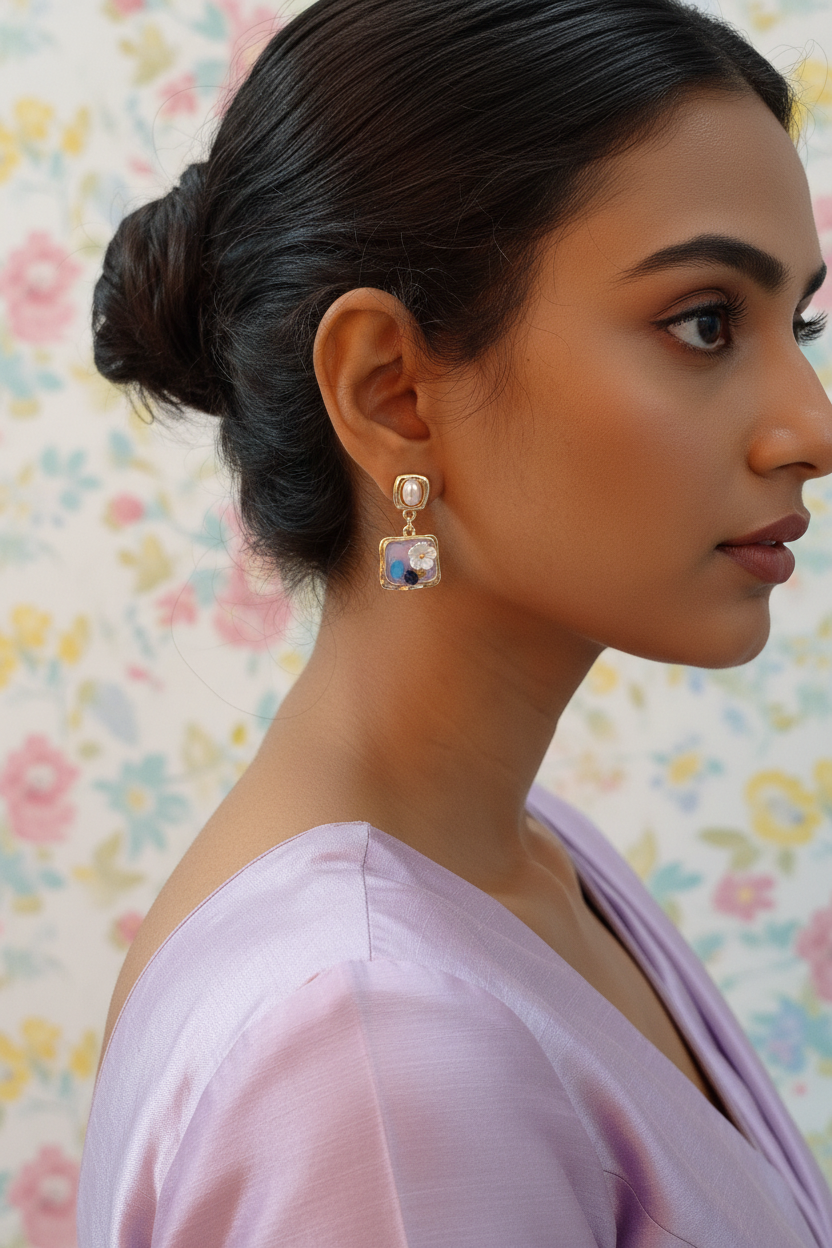 Lavender Blue Daisy Earrings - Model Wearing