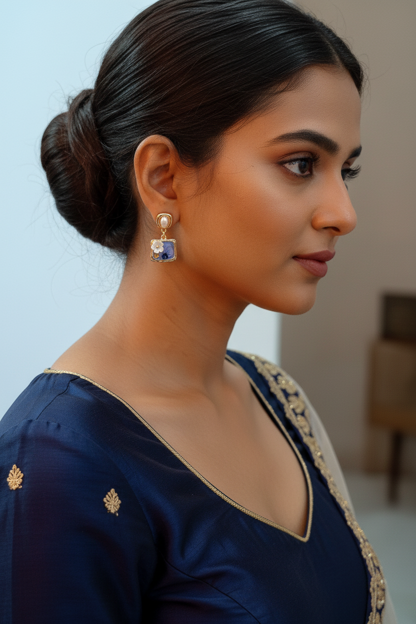 Navy Blue Daisy Earrings - Model Wearing