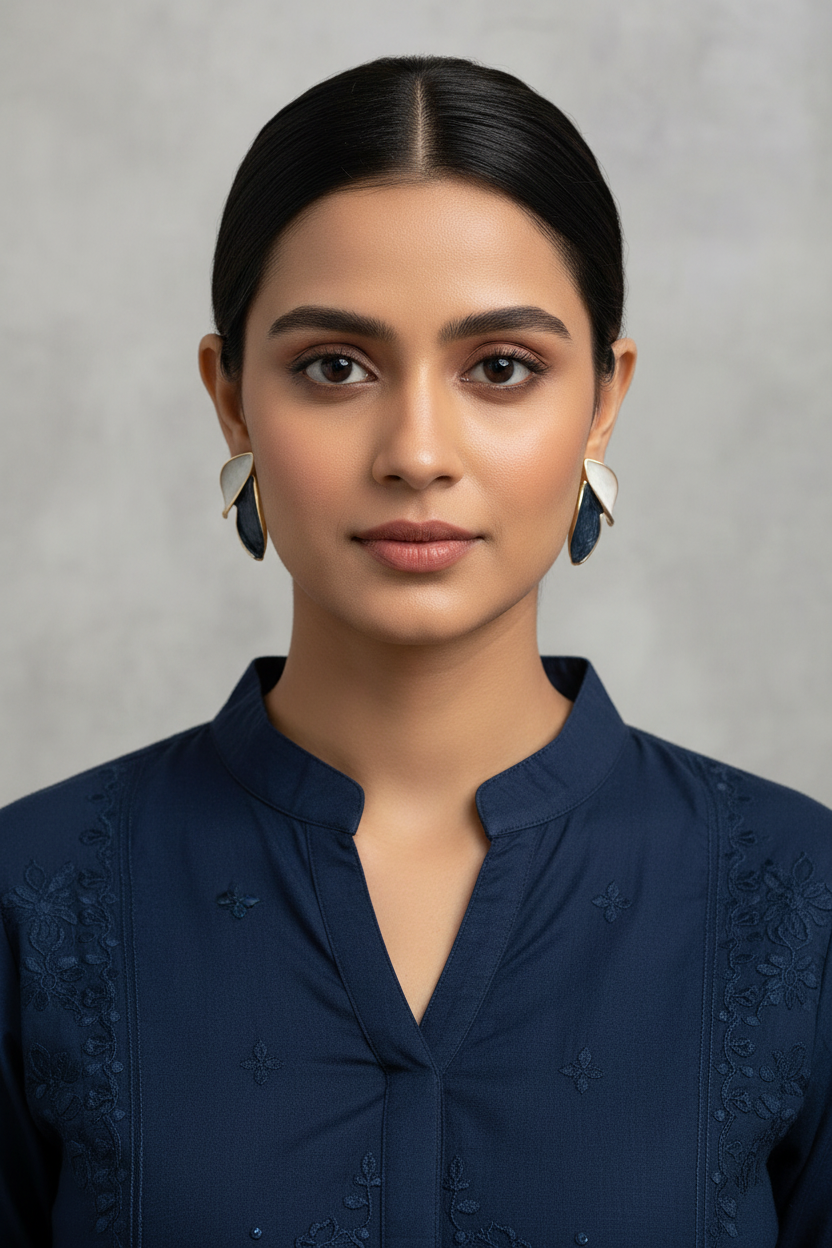 Navy White Leaf Stud Earrings - Model Wearing