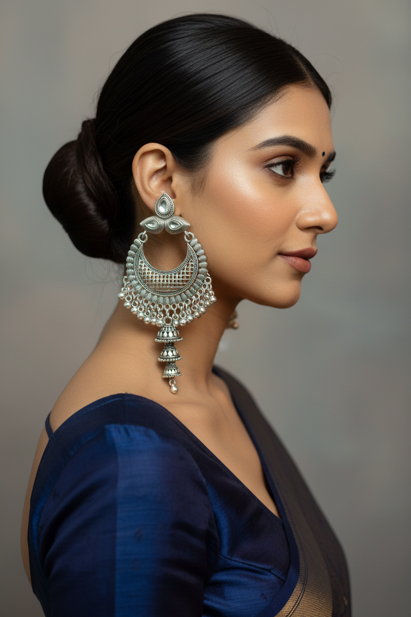 Oxidised Chandbali Jhumka - Model Wearing