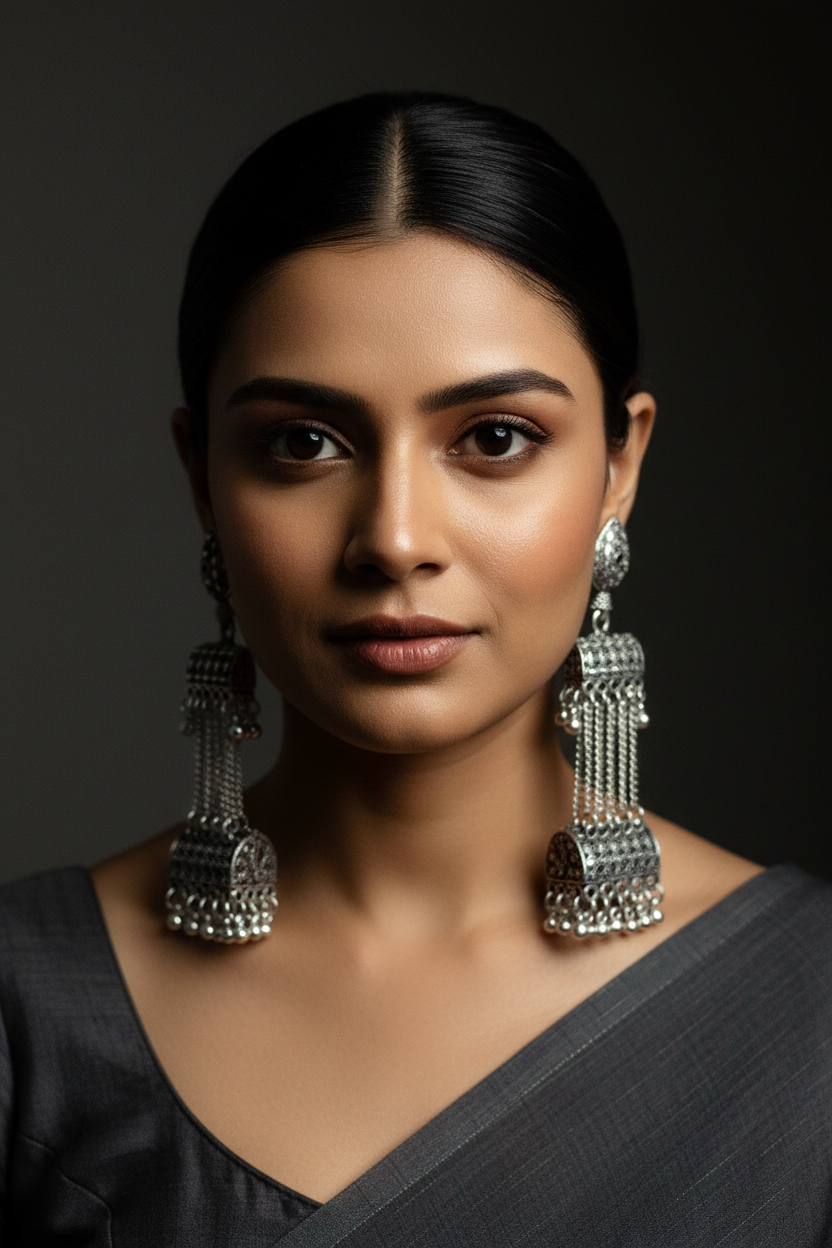 Oxidised Double-Tier Chain Tassel Jhumka - Model Wearing