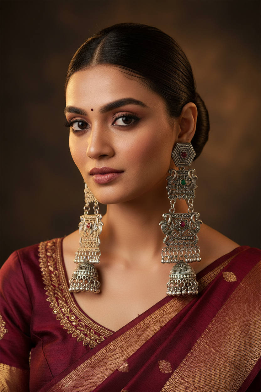 Oxidised Peacock Double-Panel Jhumka - Model Wearing
