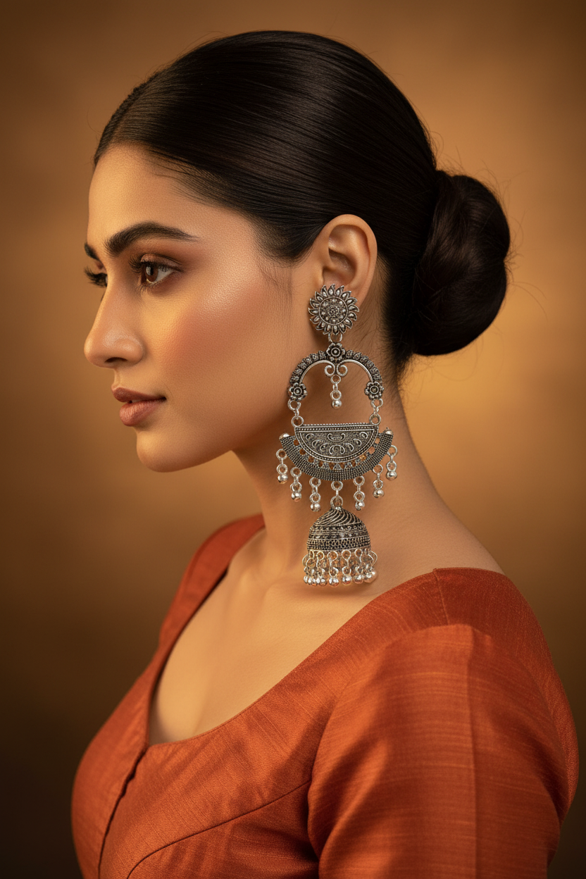 Oxidised Sunflower Chandbali Jhumka - Model Wearing