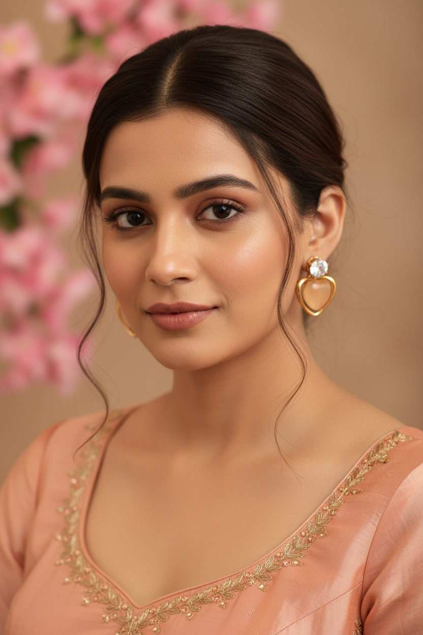 Peach Heart Drop Earrings - Model Wearing