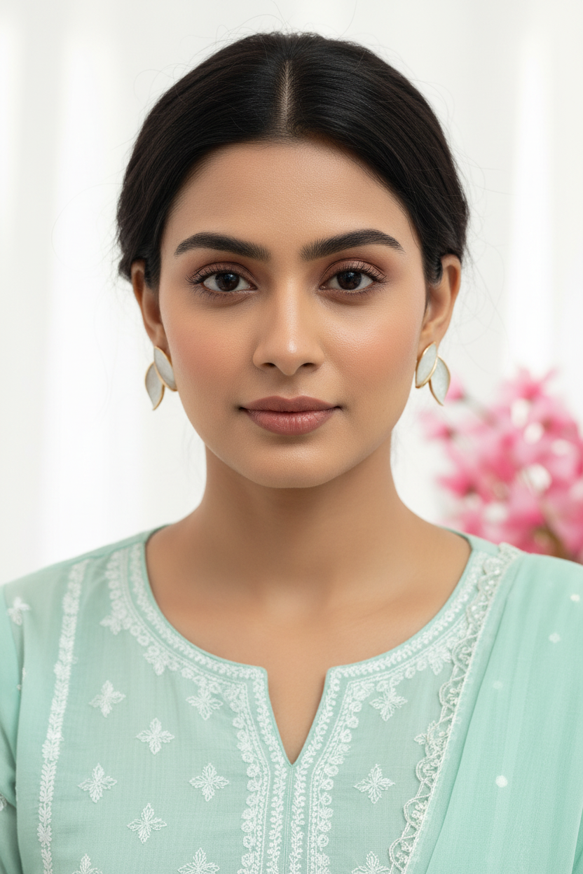 Pearl White Double Leaf Stud Earrings - Model Wearing