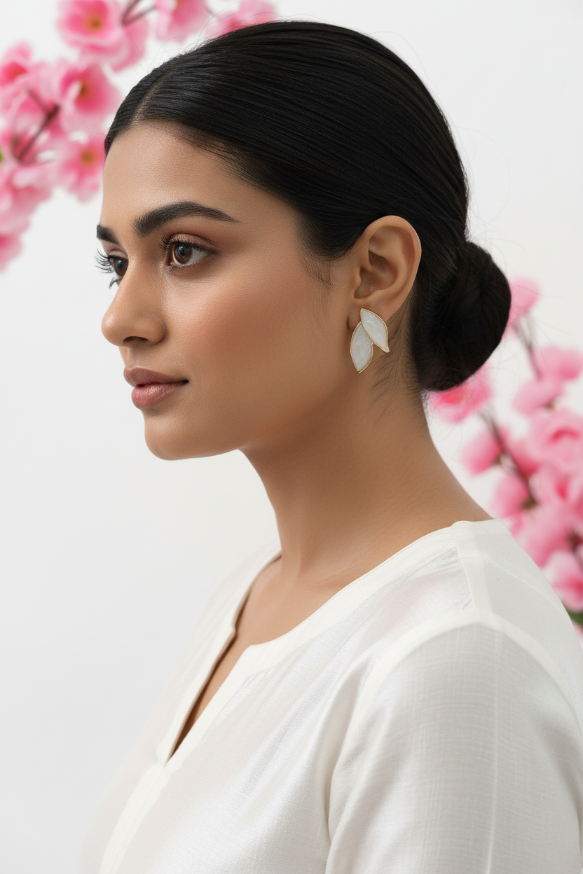 Pearl White Double Leaf Stud Earrings - Model Wearing