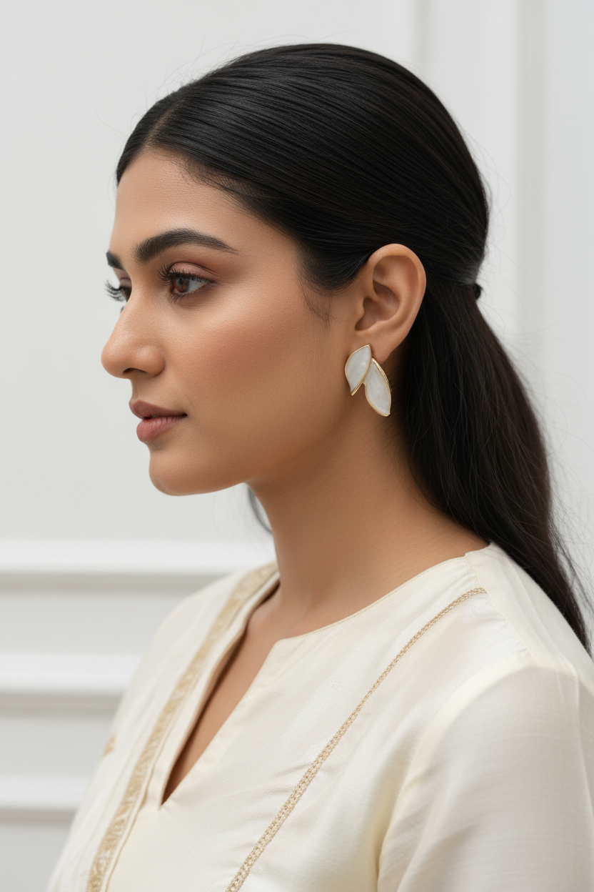 Pearl White Leaf Stud Earrings - Model Wearing