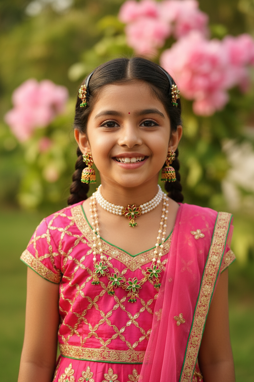 Pink Green 5-Flower Kids Choker Set - Model with Exact Products