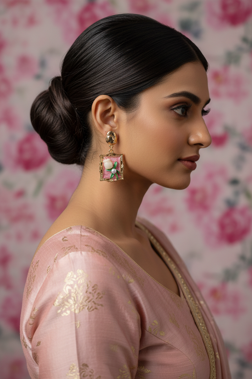 Pink Tulip Earrings - Model Wearing