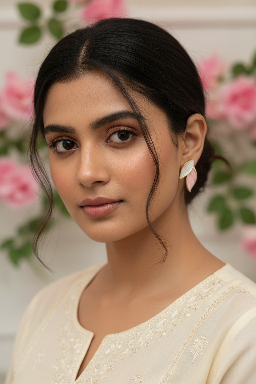 Pink White Leaf Stud Earrings - Model Wearing