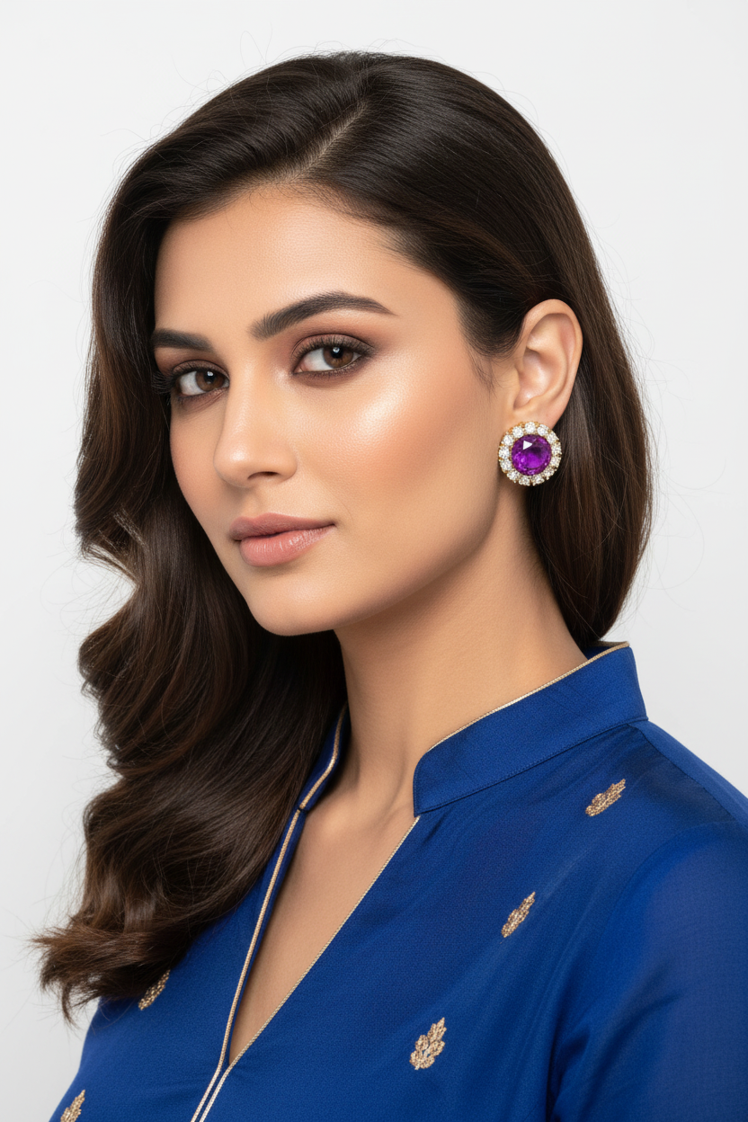 Purple Amethyst Halo Studs - Model Wearing