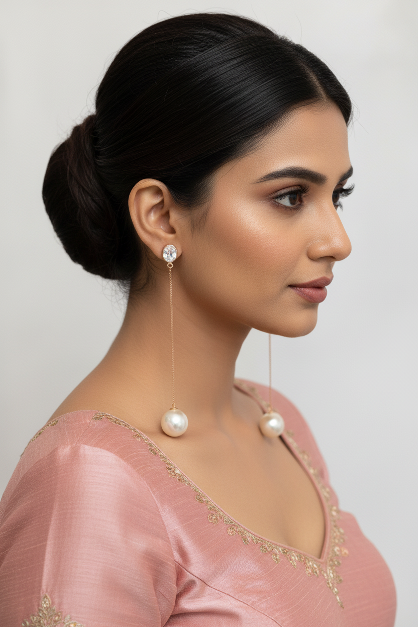 Rose Gold Pearl Chain Drop Earrings - Model Wearing