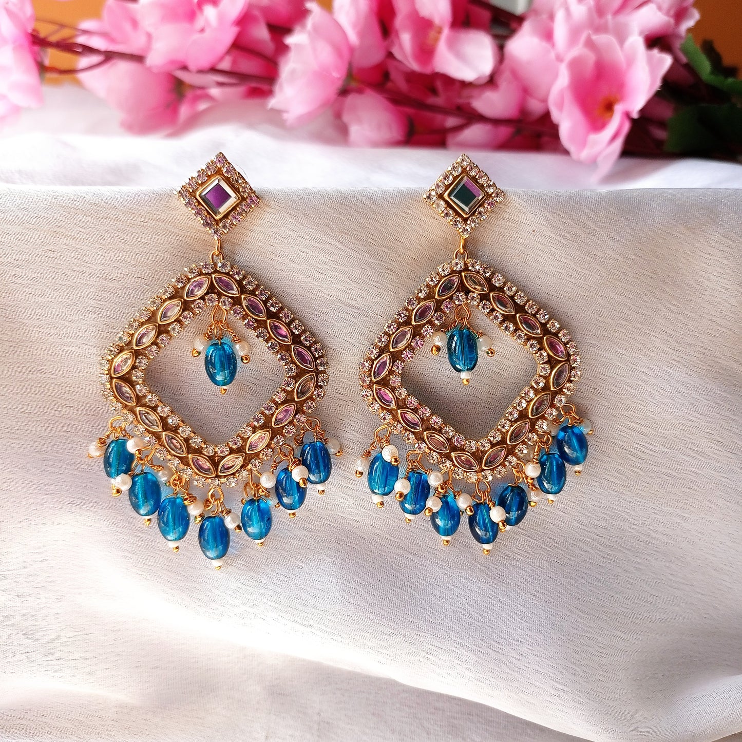 Peacock Blue Kundan Chandbalis